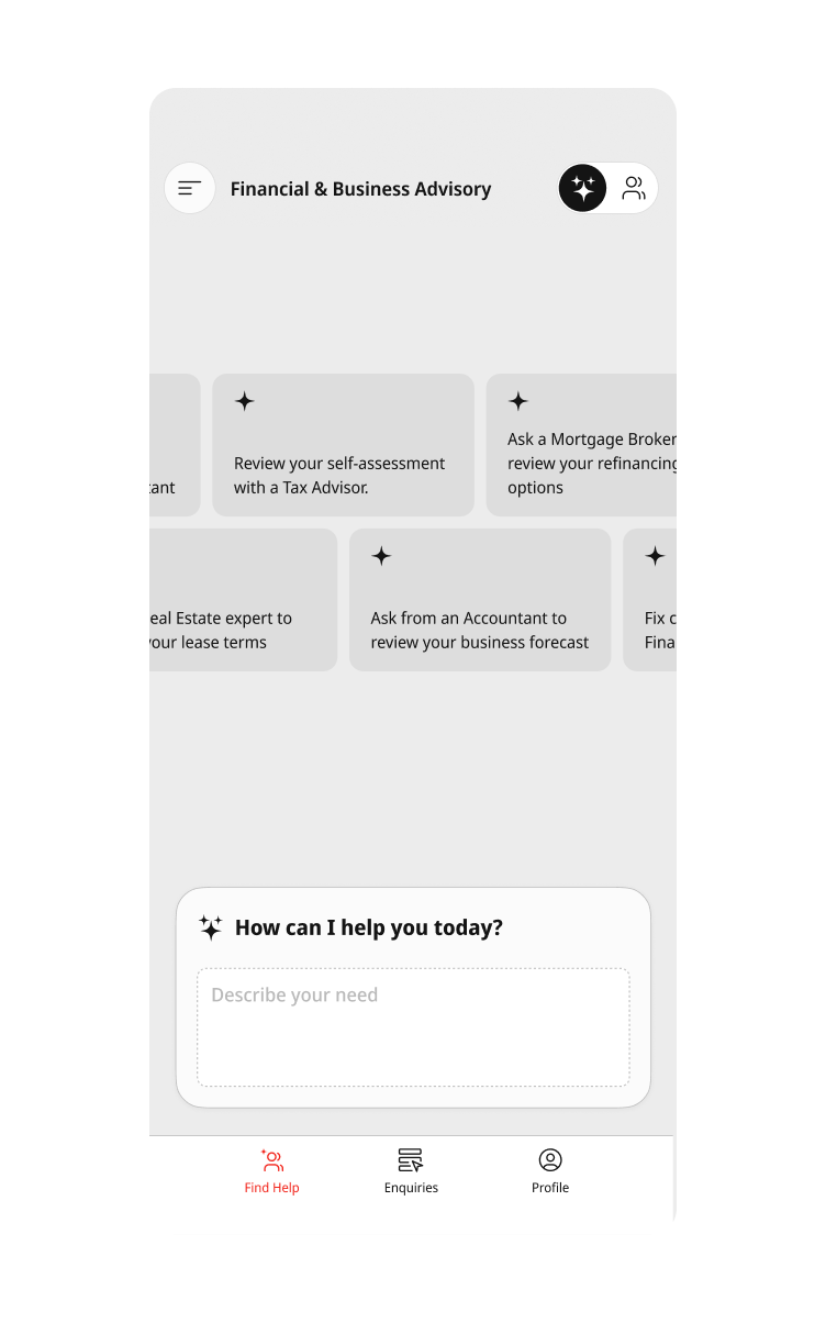 Three ways in — Find Help screen with AI prompt