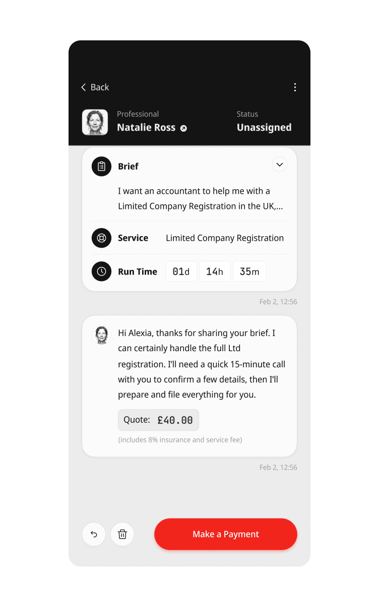 Pay only if it makes sense — quote and payment screen