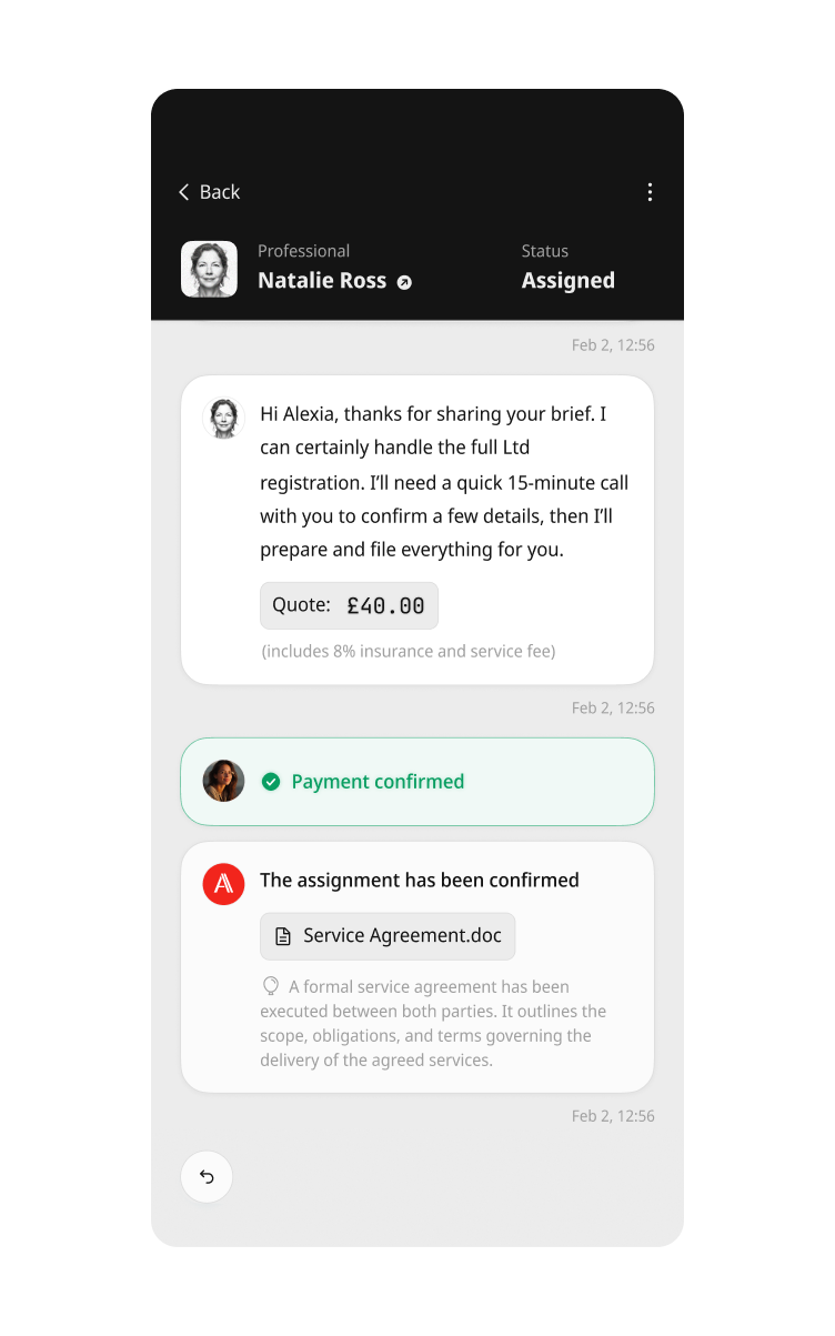 Backed by an agreement — service agreement confirmation screen