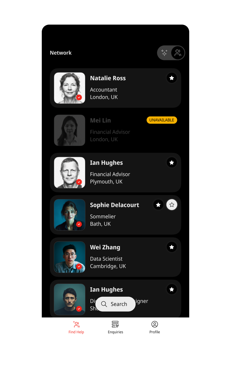 Build your own network — saved professionals grid