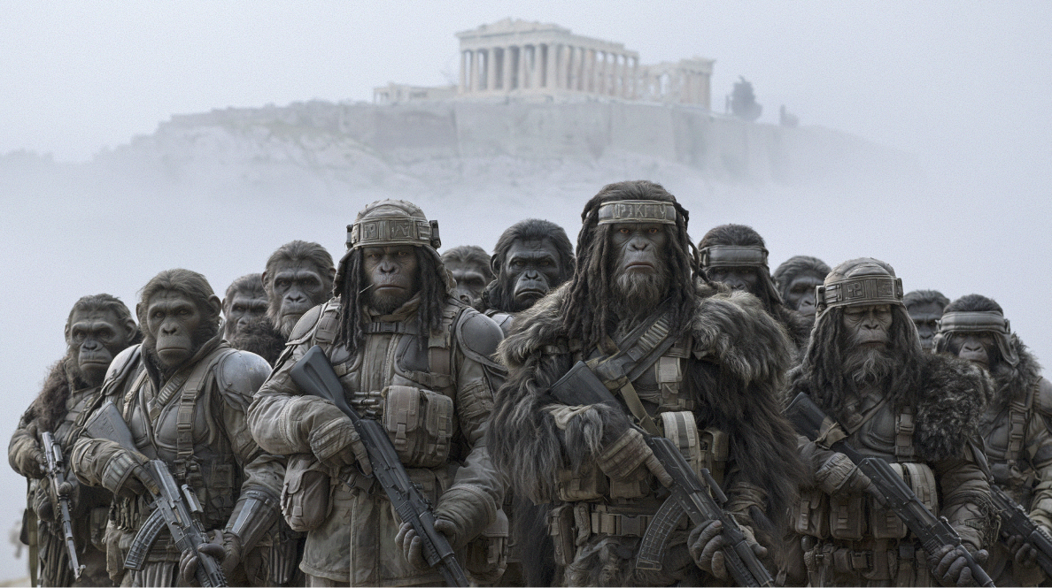 Armed apes occupying the Acropolis