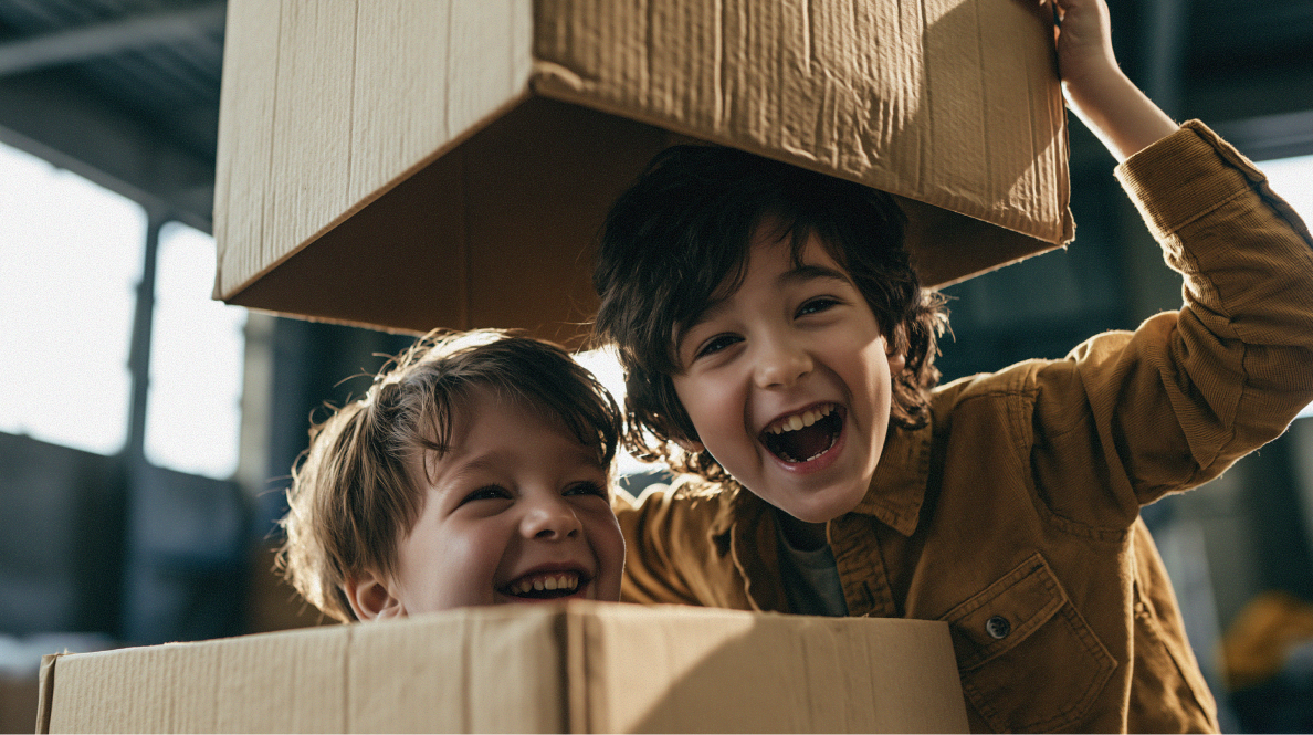 Two brothers playing with cardboard boxes