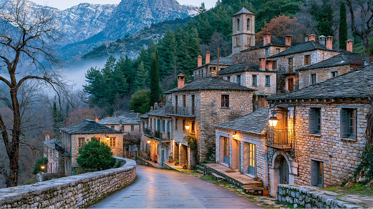 Greek mountain village — tourism pitch hero