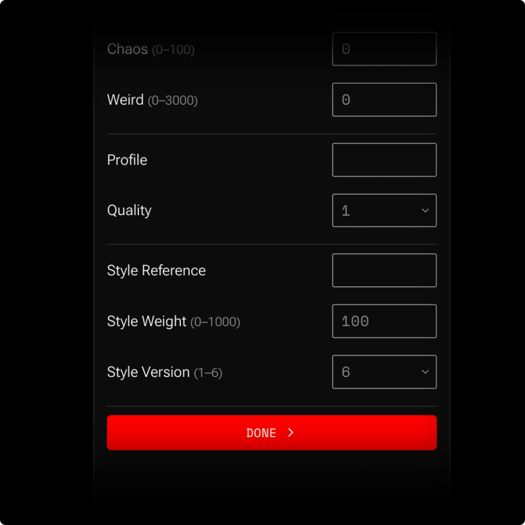 Parameters — aspect ratio, version, style weight